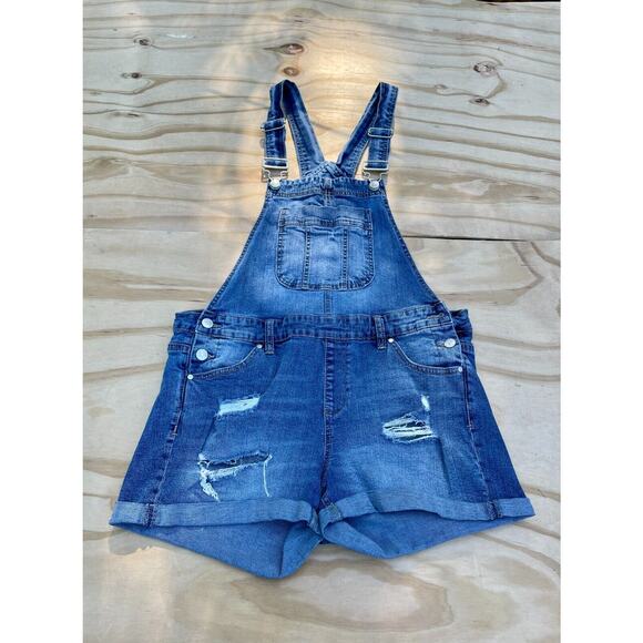 Blue Spice Bib Overalls Denim Shorts Cuffed Tattered Cotton‎ Women's Size 11 - Picture 1 of 8